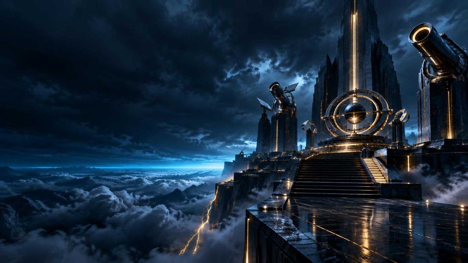 A dark techno-Olympian command sanctuary above storm clouds